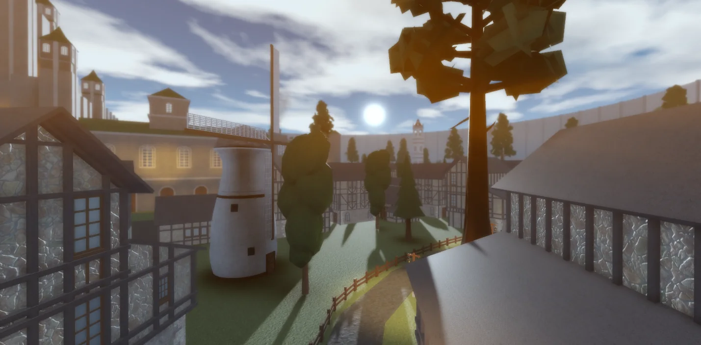 Sunlit village and windmill within Holst
