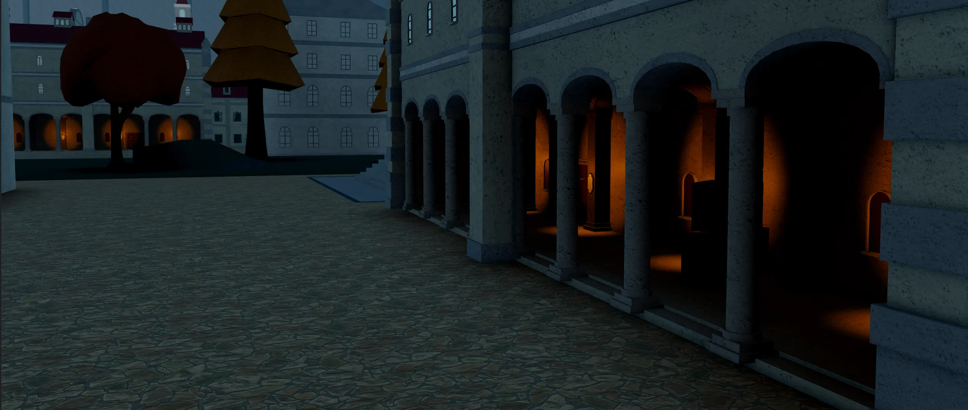 Warm arcade lighting within the Trost district